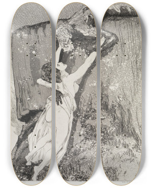 Triptych art skateboard deck of Max Klinger Flucht Zelt Opus Xiv 1 Teil Nr 21 by Max Klinger (1857-1920)
