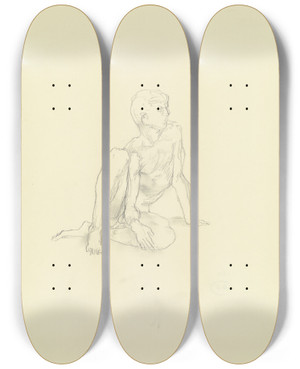 Triptych art skateboard deck of Wilhelm Rietschel Nude Of A Sitting Boy by Wilhelm Rietschel (1911-1941)