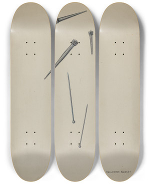 Triptych art skateboard deck of Wellington Blewett Nails And Pins by Wellington Blewett (20-)