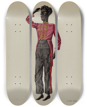 Triptych art skateboard deck of Emile Cero Bell Hop Marionette by Emile Cero