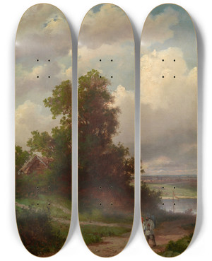 Triptych art skateboard deck of Alexei Kondratievich Savrasov Road By The Volga River by Alexei Kondratievich Savrasov (1830-1897)