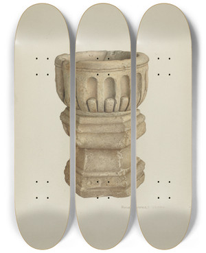 Triptych art skateboard deck of Rose Campbellgerke Stone Baptismal Font by Rose Campbell Gerke (1882)
