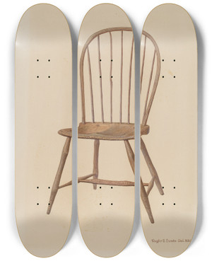 Triptych art skateboard deck of Roger Deats Windsor Combback Chair by Roger Deats