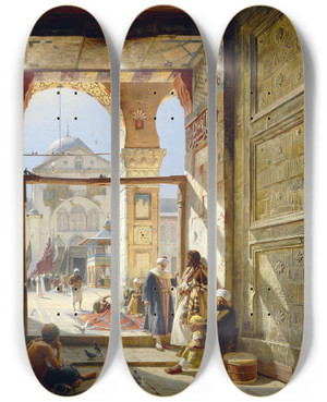 Triptych art skateboard deck of Gustav Bauernfeind The Gate Of The Great Umayyad Mosque Damascus by Gustav Bauernfeind (1848-1904)