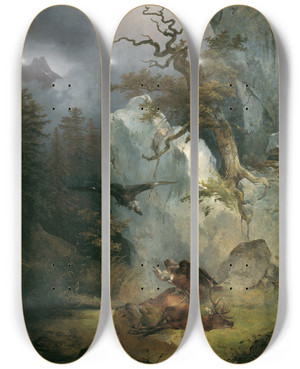Triptych art skateboard deck of Friedrich August Matthias Gauermann Ein Geier Auf Verendetem Hirsch by Friedrich August Matthias Gauermann (1807-1862)