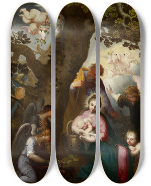 Triptych art skateboard deck of Abraham Bloemaert The Flight Into Egypt by Abraham Bloemaert (1564-1651)