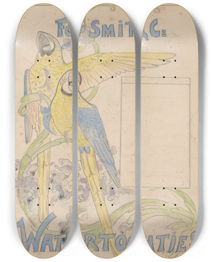 Triptych art skateboard deck of Willem Van Konijnenburg Twee Papegaaien En Bloemen by Willem van Konijnenburg (1868-1943)