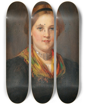 Triptych art skateboard deck of Franz Von Defregger A Tyrolean Young Girl In Traditional Costume by Franz Von Defregger (1835-1921)