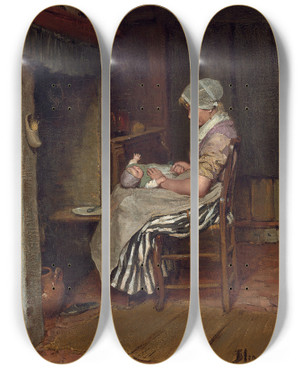 Triptych art skateboard deck of Bernardus Johannes Blommers A Tender Moment by Bernardus Johannes Blommers (1845-1915)