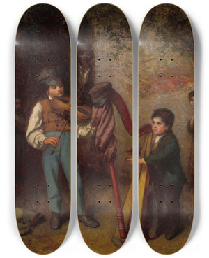 Triptych art skateboard deck of Eastman Johnson The Young Musicians by Eastman Johnson (1824-1906)