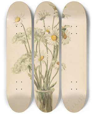 Triptych art skateboard deck of Marietta Minnigerode Andrews Daisies And Queen Anns Lace by Marietta Minnigerode Andrews (1869-1931)