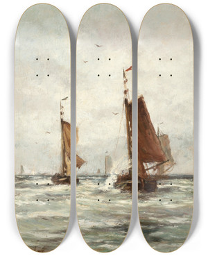 Triptych art skateboard deck of Hendrik Willem Mesdag Fishing On The Choppy Sea Near Scheveningen by Hendrik Willem Mesdag (1831-1915)