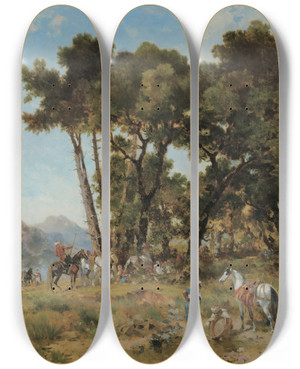 Triptych art skateboard deck of Georges Washington Halte Dans Les Montagnes by Georges Washington (1827-1901)