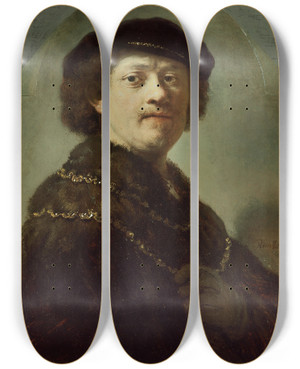 Triptych art skateboard deck of Rembrandt Van Rijn Selfportrait In A Black Cap by Rembrandt Van Rijn (1606-1669)