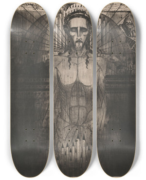 Triptych art skateboard deck of Lodewijk Schelfhout Christus Te Midden Van Kathedralen 2 by Lodewijk Schelfhout (1881-1943)