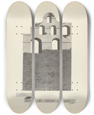 Triptych art skateboard deck of James Jones Mision San Gabriel Arcangel by James Jones