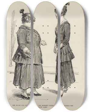 Triptych art skateboard deck of Charles Dana Gibson The Plump One Compains That The Modern Fashions Make All Women Too Much Alike by Charles Dana Gibson (1867-1944)