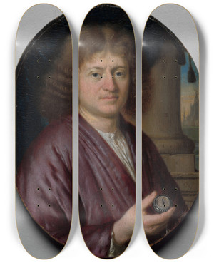 Triptych art skateboard deck of Pieter Cornelisz Van Slingelandt Portrait Of A Man Holding A Watch by Pieter Cornelisz Van Slingelandt (1640-1691)