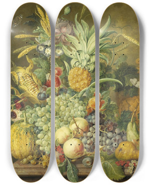 Triptych art skateboard deck of Jacobus Linthorst Still Life With Fruit by Jacobus Linthorst (1745-1815)