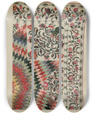 Triptych art skateboard deck of Mary Berner Patchwork And Applique Quilt_1 by Mary Berner