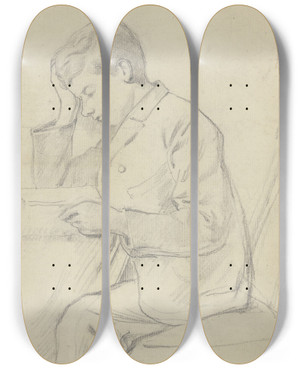 Triptych art skateboard deck of Otto Scholderer Victor Scholderer Lesend Am Tisch by Otto Scholderer (1834-1902)