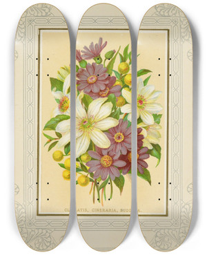 Triptych art skateboard deck of Marcus Ward Co Clematis Cineraria Buddlea by Marcus Ward Co