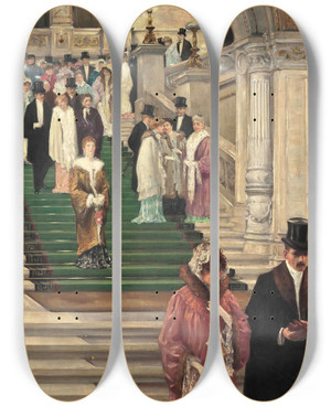 Triptych art skateboard deck of Robert Schiff Dignitaries Leaving The Opera Vienna by Robert Schiff (1869-1935)