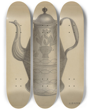 Triptych art skateboard deck of Herman Bader Pa German Coffee Pot by Herman Bader