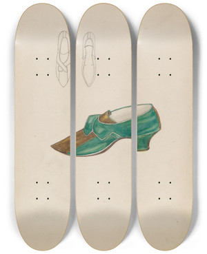 Triptych art skateboard deck of Margaret Concha Slippers by Margaret Concha