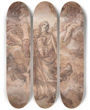 Triptych art skateboard deck of Giuseppe Passeri The Virgin Immaculate With The Christ Child In Glory by Giuseppe Passeri (1654-1714)