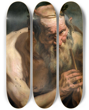 Triptych art skateboard deck of Jacob Jordaens Old Satyr Holding A Flute by Jacob Jordaens (1593-1678)