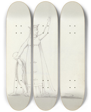 Triptych art skateboard deck of John Flaxman Mrs Siddons Leading Child By The Hand With Left Arm Raised by John Flaxman (1755-1826)