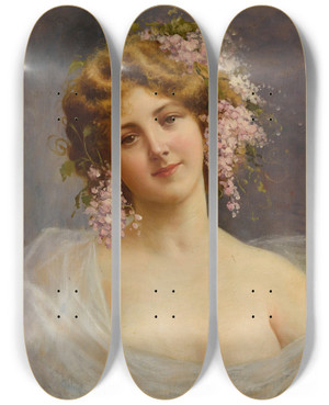 Triptych art skateboard deck of Achille Beltrame Girl With Lilacs by Achille Beltrame (1871-1945)