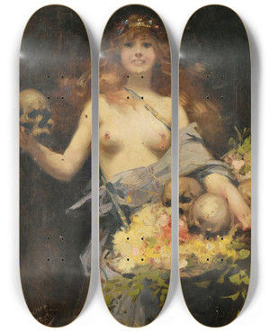 Triptych art skateboard deck of Victor Emile Prouv The Flower Vendor by Victor Emile Prouve (1858-1943)
