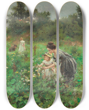 Triptych art skateboard deck of Hermann Seeger Summerlust Summers Delight by Hermann Seeger (1857-1945)