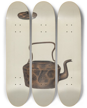 Triptych art skateboard deck of Clyde L Cheney Copper Tea Kettle by Clyde L Cheney