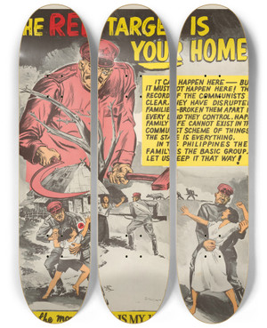 Triptych art skateboard deck of Us Information Agency The Red Target Is Your Home by U S Information Agency (1953-1999)