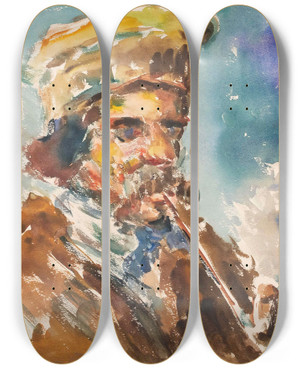 Triptych art skateboard deck of Emil Von Gerliczy Pfeifenrauchender Bauer by Emil Von Gerliczy (1872-1924)