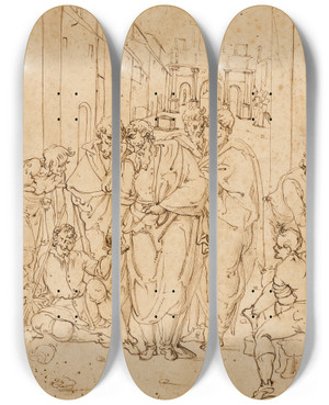 Triptych art skateboard deck of Ercole Setti Peter And John Healing A Cripple At The Gate Of The Temple by Ercole Setti (1530-1618)