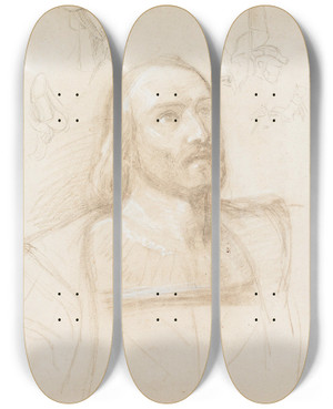 Triptych art skateboard deck of John Vanderlyn Study For Landing Of Columbus by John Vanderlyn (1775-1852)