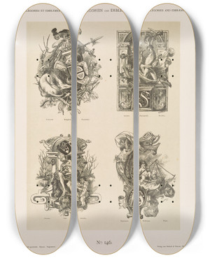 Triptych art skateboard deck of Albert Ilg Allegorien Und Embleme Vol I Pl171 by Albert Ilg (1847-1896)