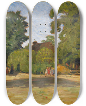 Triptych art skateboard deck of Otto Modersohn Sptsommernachmittag In Fischerhude Mit Mdchengruppe by Otto Modersohn (1865-1943)