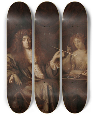 Triptych art skateboard deck of Ary De Vois Portrait Of Hadriaan Beverland With A Prostitute by Ary de Vois (1632-1680)