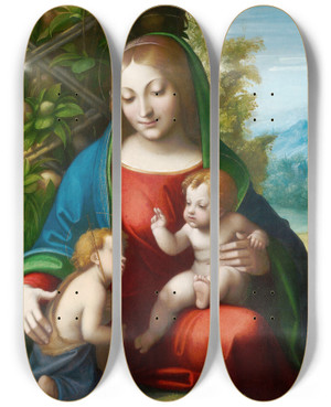 Triptych art skateboard deck of Correggio Virgin And Child With The Young Saint John The Baptist by Correggio (1489-1534)
