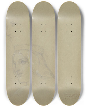 Triptych art skateboard deck of Moritz Von Schwind Zwei Kpfe Zum Sngerkrieg by Moritz Von Schwind (1804-1871)