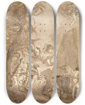 Triptych art skateboard deck of Giovanni Domenico Tiepolo The Rest On The Flight Into Egypt With A Truncated Pyramid On The Right by Giovanni Domenico Tiepolo (1727-1804)