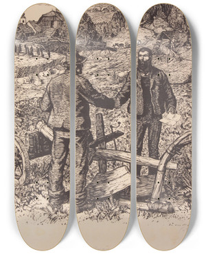 Triptych art skateboard deck of Switbert Lobisser Der Pflug by Switbert Lobisser (1878-1943)