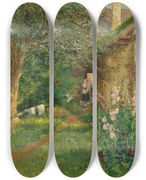 Triptych art skateboard deck of Fritz Pontini Scene Of A Farmhouse Garden by Fritz Pontini (1874-1912)