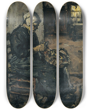 Triptych art skateboard deck of Suze Robertson Peasant Woman Peeling Potatoes by Suze Robertson (1856-1922)