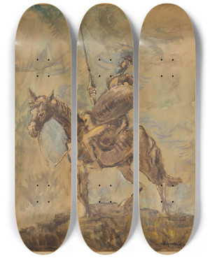 Triptych art skateboard deck of Cyprin Majernk Don Quixote by Cyprian Majernik (1909-1945)